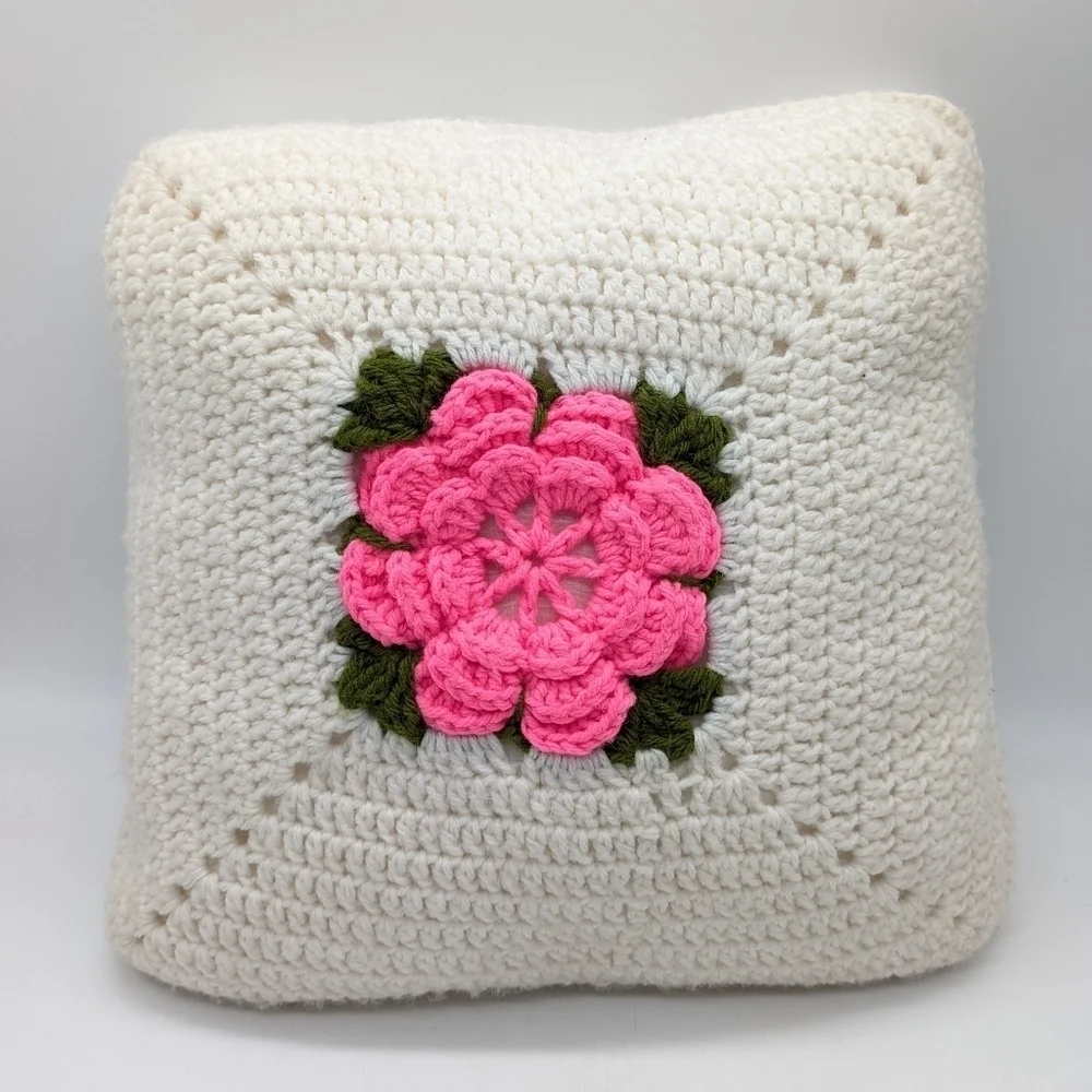 Vintage White Pink Crochet Granny Square Floral Pillow